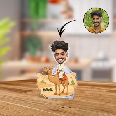 Personalized Caricature Bobblehead with Camel Desert Theme, Custom Cartoon Character Face Cutout & Name | Battery Powered Moving Head Decoration Items for Home & Car Dashboard